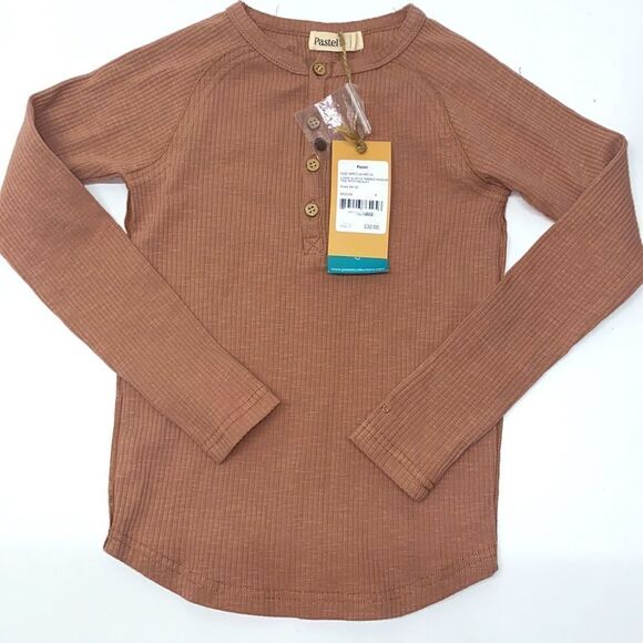 Pastel long sleeve ribbed raglan Tee with Henley color mocha New - Picture 1 of 6